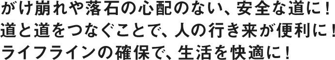 がけ崩れや落石の心配のない、安全な道に！道と道をつなぐことで、人の行き来が便利に！ライフラインの確保で、生活を快適に！